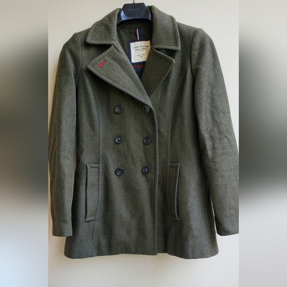 Wool Blend Tommy Hilfiger Double Breasted Peacoat, Women's Small, Olive Green